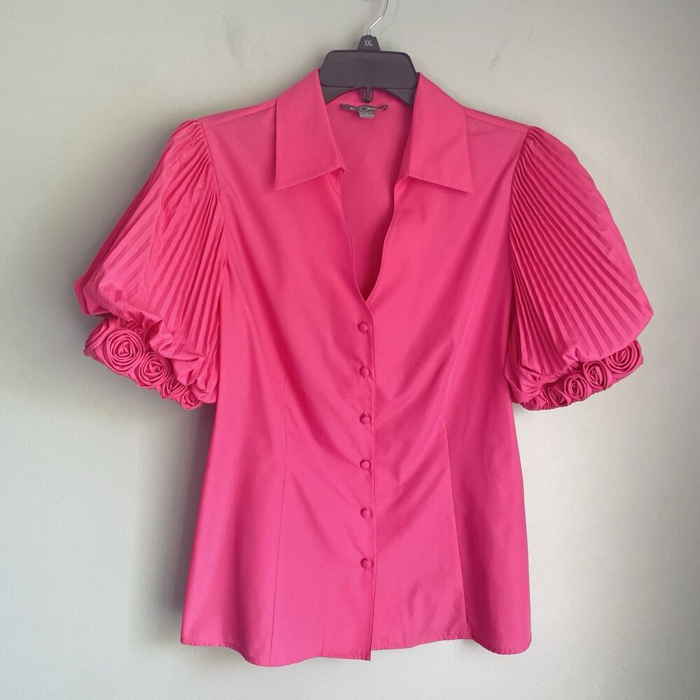 Go Silk Puff Sleeve Rosebud Pleasted Blouse Size M Cotton Blend Pink Statement